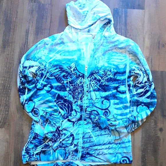 NWOT Velour Tattoo Zip Hoodie Fuzzy XL L - Picture 1 of 5